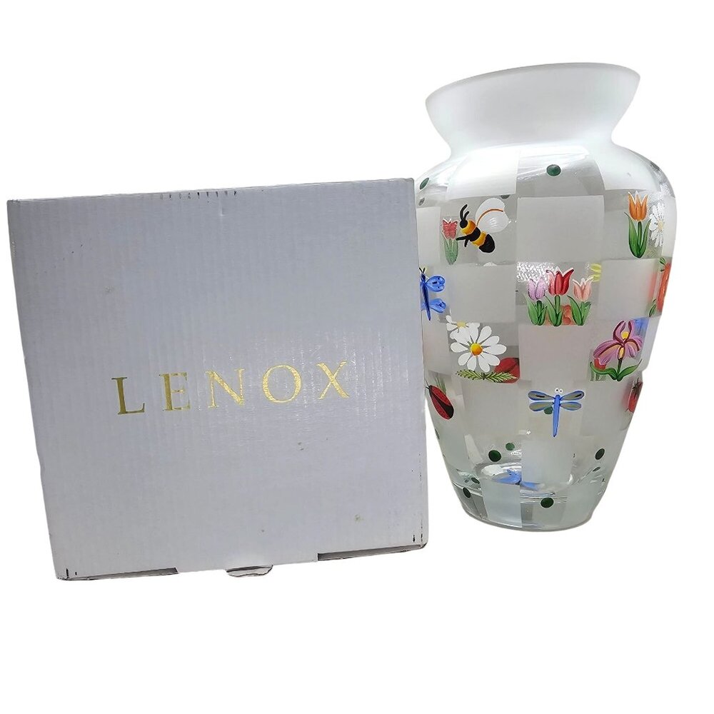 Lenox Nature's Splendor Handpainted Glass Vase Flowers Insects w/Box Signed - Picture 2 of 16